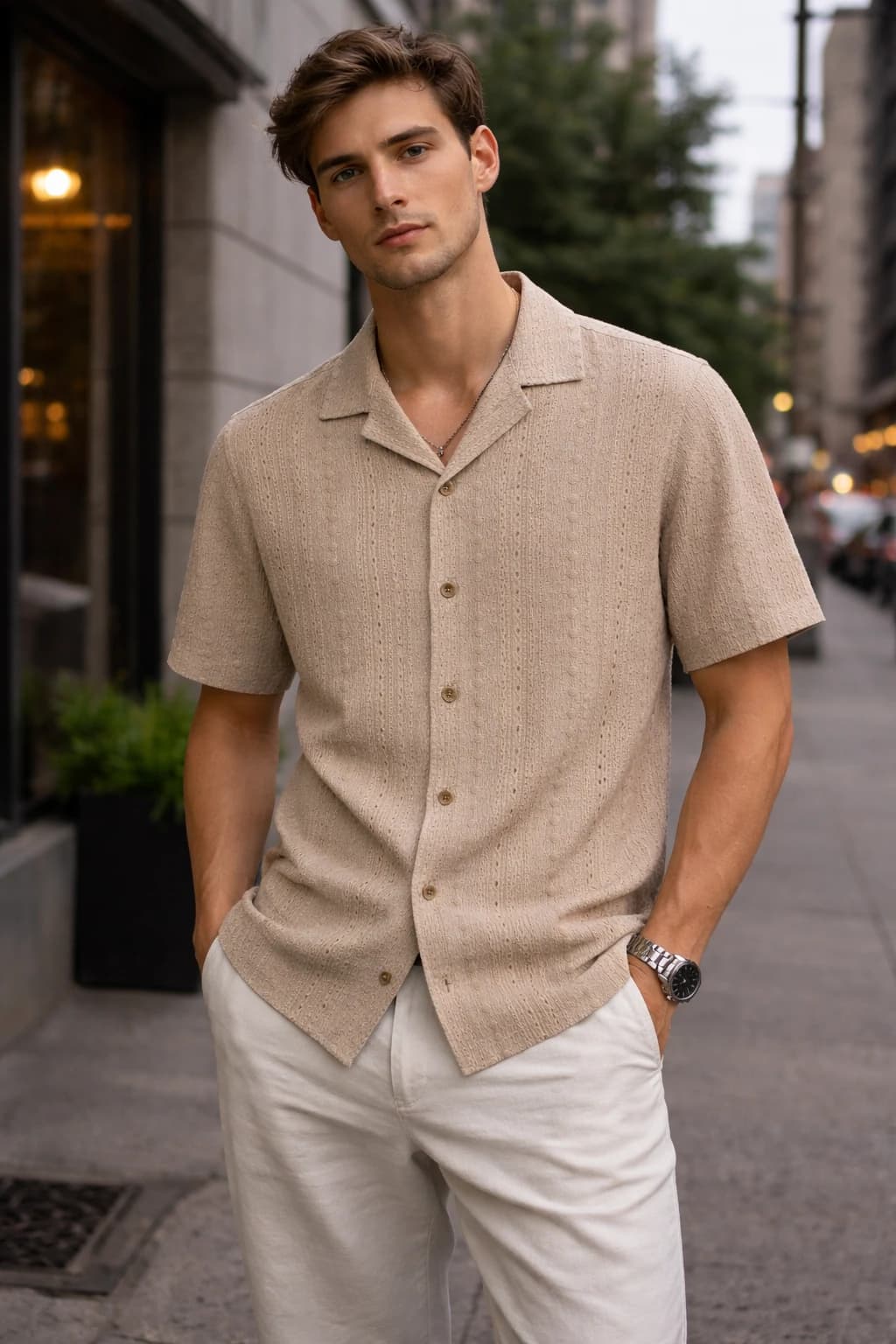 Men's Open Collar Textured Knit Half Sleeve Cotton Blend Casual Shirt - BR-EF26