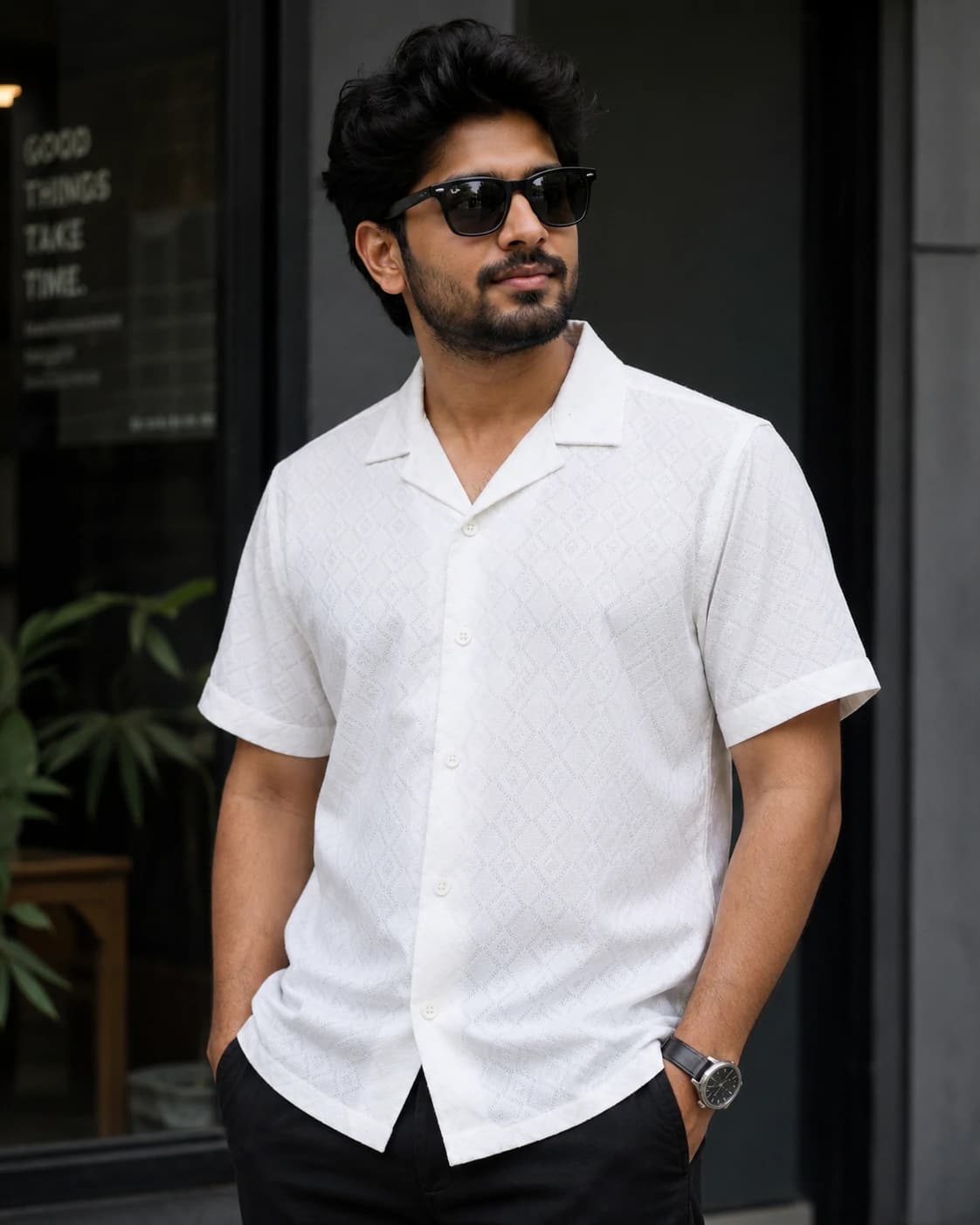 White Textured Open Collar Shirt – Premium Collection