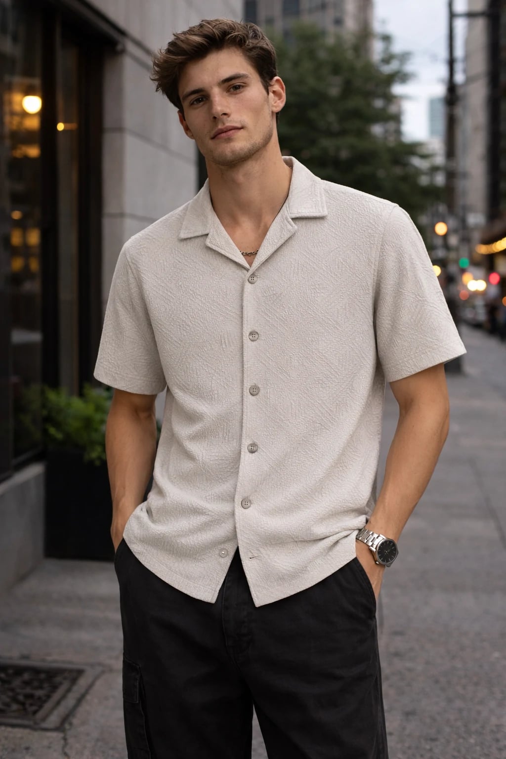 Men's Open Collar Textured Knit Half Sleeve Cotton Blend Casual Shirt - B-EF26