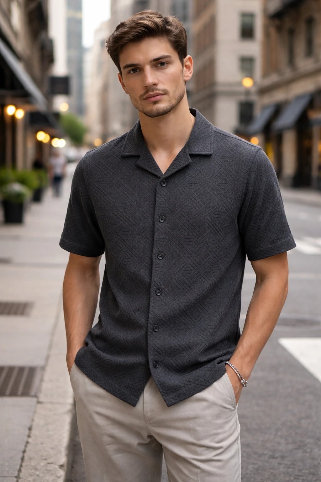 Men's Open Collar Textured Knit Half Sleeve Cotton Blend Casual Shirt - B1-EF26